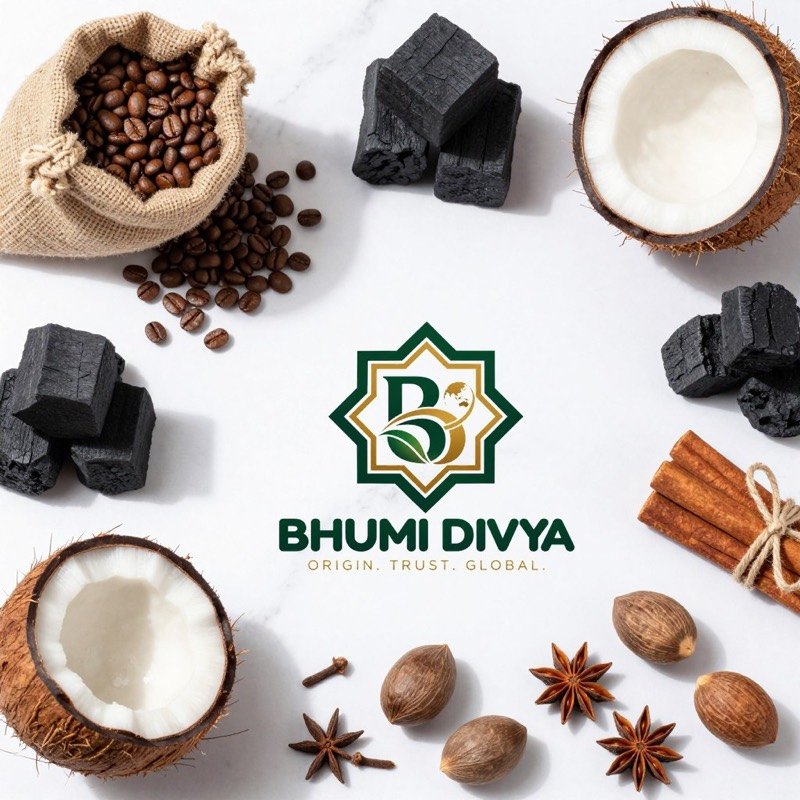 Bhumi Divya brand with Indonesian coffee, coconut, charcoal, cinnamon, and spices