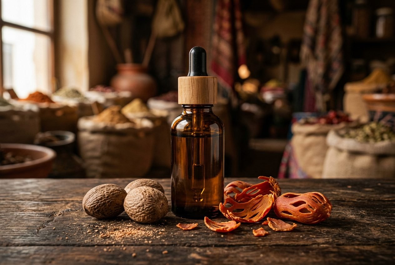 Nutmeg essential oil from the Maluku and Sulawesi regions of Indonesia